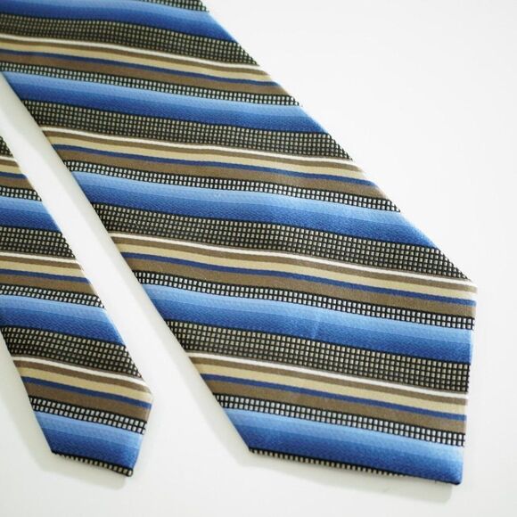 Pronto‎ Uomo Brown Blue Woven Striped Wide Silk Tie - Picture 1 of 6